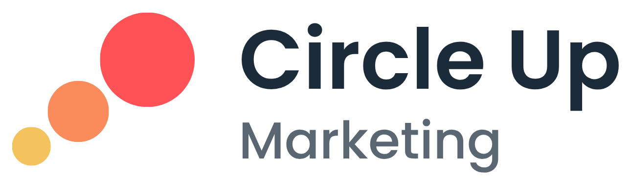 Three circles of increasing size in yellow, orange, and red, arranged diagonally next to the text: Circle Up Marketing